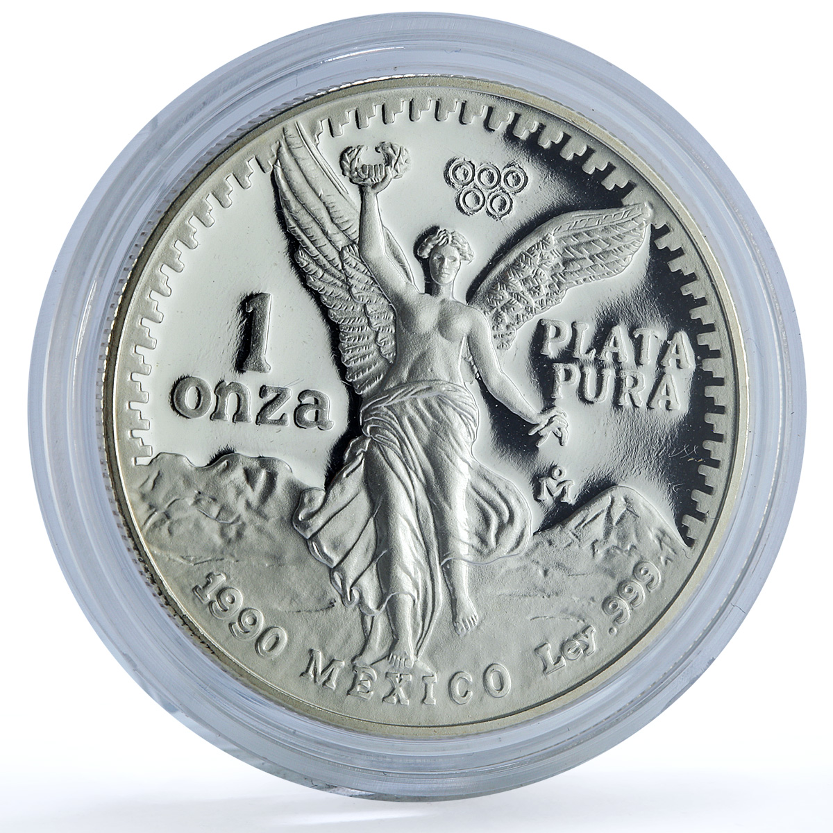 Mexico 1 onza Libertad KM-494.2 w/ Custom Olympic Rings proof silver coin 1990 Mexico 1 onza Libertad KM-494.2 w/ Custom Olympic Rings proof silver coin 1990