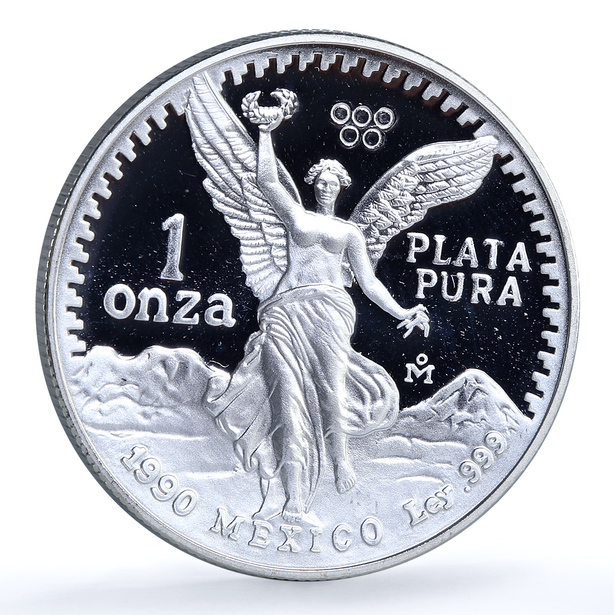 Mexico 1 onza Libertad KM-494.2 w/ Custom Olympic Rings proof silver coin 1990 Mexico 1 onza Libertad KM-494.2 w/ Custom Olympic Rings proof silver coin 1990