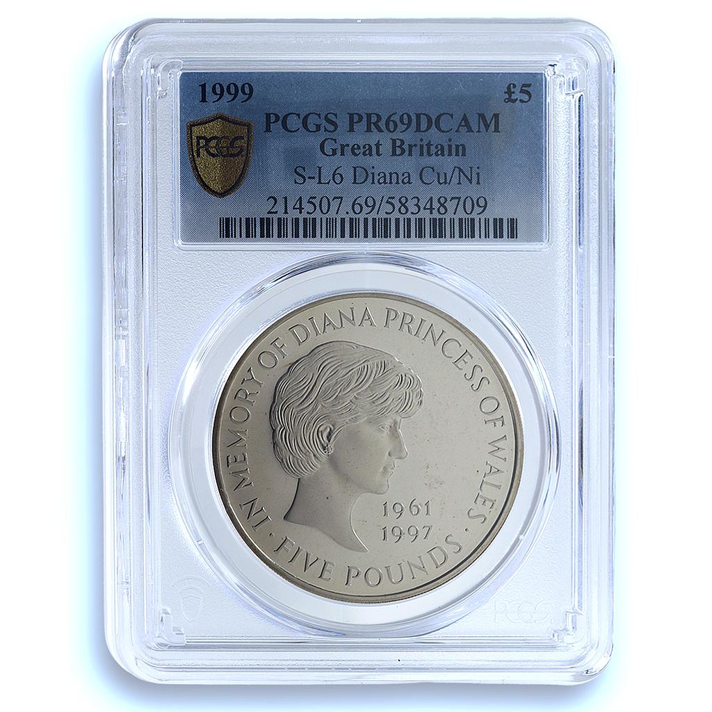 Great Britain 5 pounds Princess Diana Wales KM-997 PR 69 PCGS CuNi coin 1999 Great Britain 5 pounds Princess Diana Wales KM-997 PR 69 PCGS CuNi coin 1999
