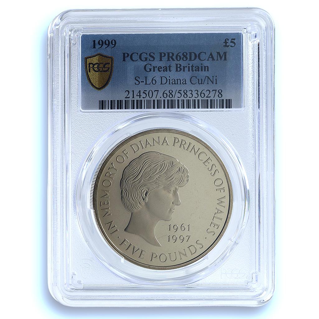 Great Britain 5 pounds Princess Diana Wales KM-997 PR 68 PCGS CuNi coin 1999 Great Britain 5 pounds Princess Diana Wales KM-997 PR 68 PCGS CuNi coin 1999
