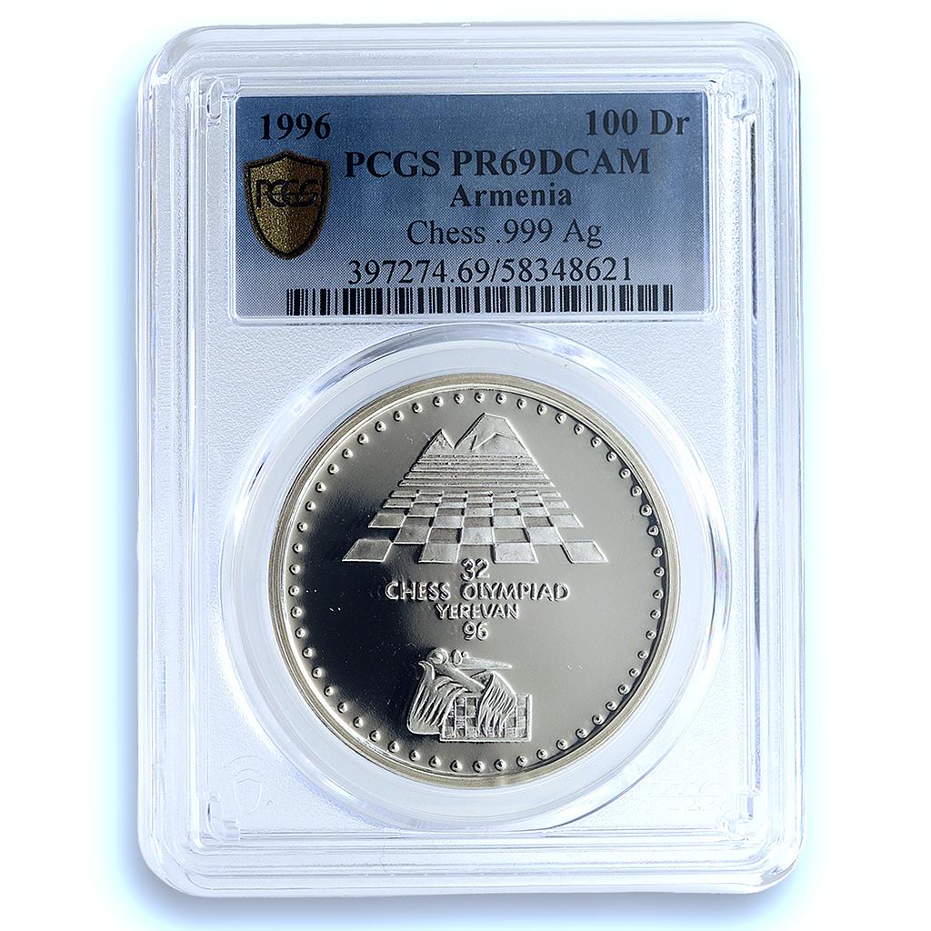 Armenia 100 dram Chess Olympiad Yerevan KM-64 PR 69 PCGS .999 silver coin 1996 Armenia 100 dram Chess Olympiad Yerevan KM-64 PR 69 PCGS .999 silver coin 1996