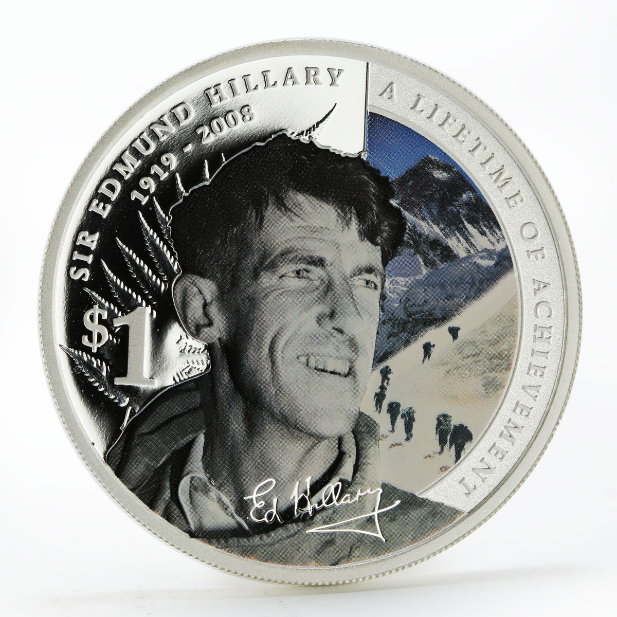 New Zealand 1 dollar Sir Edmund Hillary mountain colored silver coin 2008