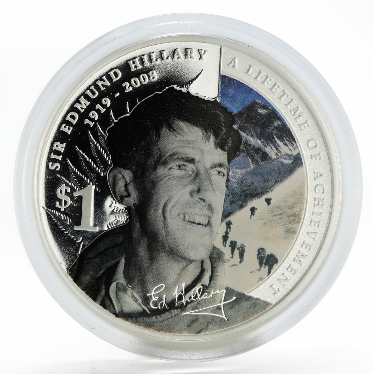 New Zealand 1 dollar Sir Edmund Hillary mountain colored silver coin 2008