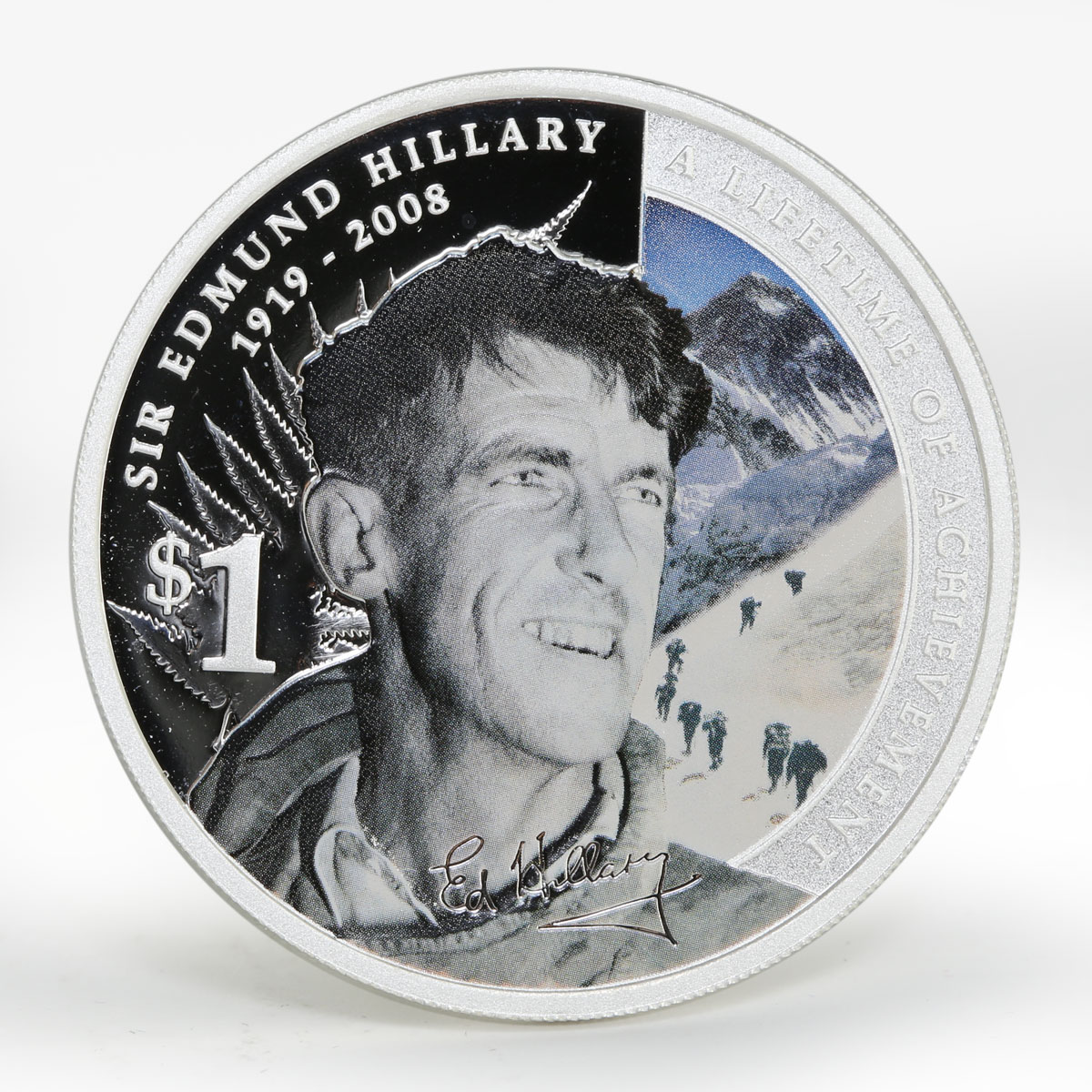 New Zealand 1 dollar Sir Edmund Hillary mountain colored silver coin 2008