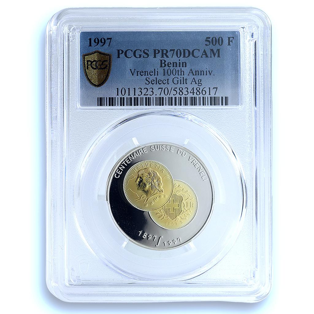 Benin 500 francs Vreneli Swiss Gold Coinage KM-A48 PR 70 PCGS silver coin 1997 Benin 500 francs Vreneli Swiss Gold Coinage KM-A48 PR 70 PCGS silver coin 1997