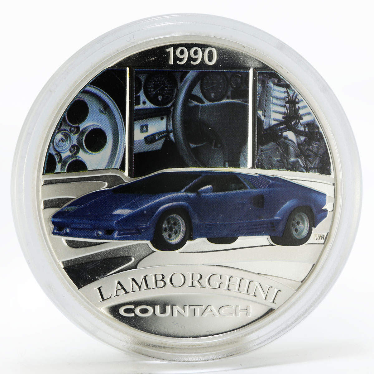 Tuvalu 1 dollar Lamborghini Countach car colored proof silver coin 2008