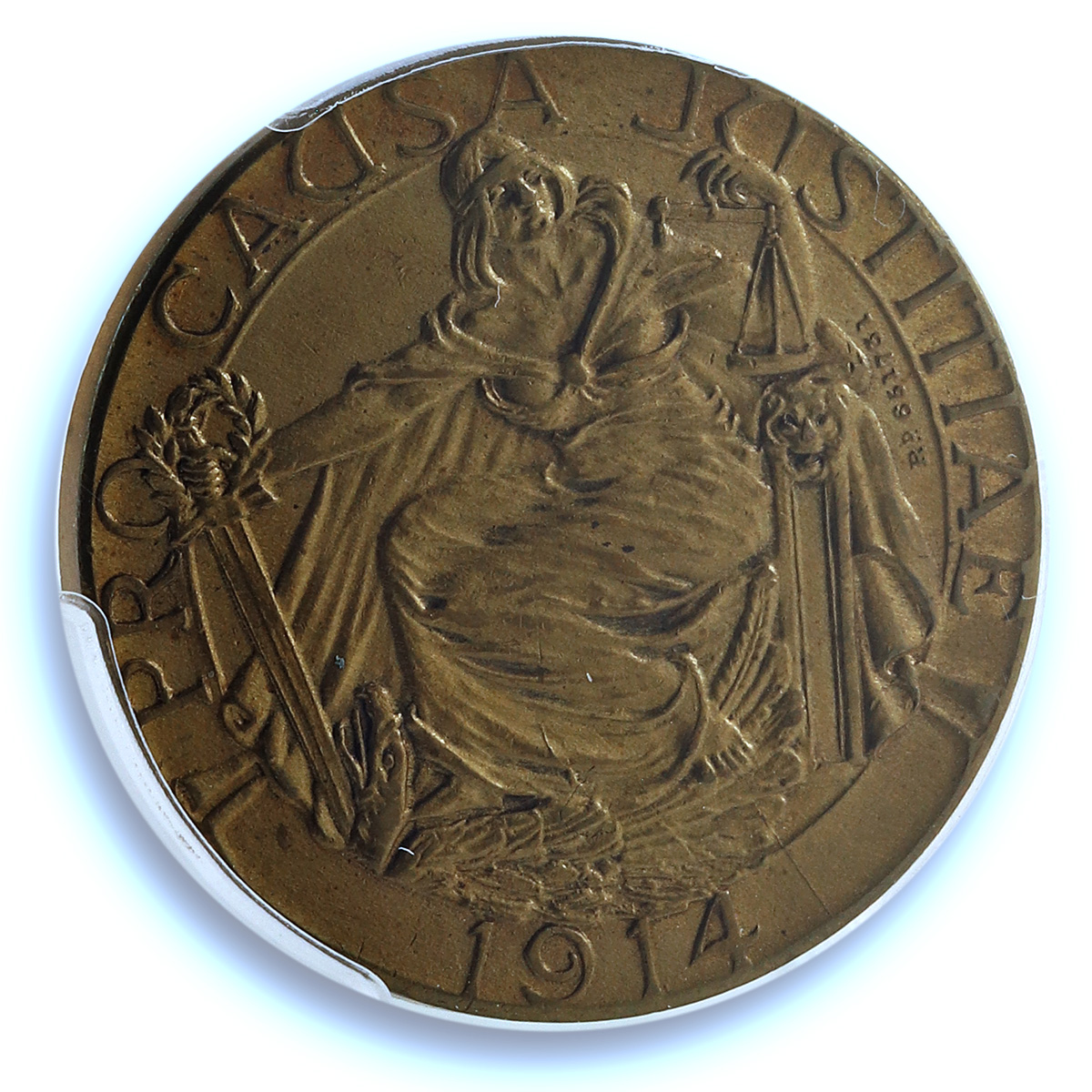Great Britain World War I Pro Causa Justitiae B-4113 MS 62 PCGS brass medal 1914 Great Britain World War I Pro Causa Justitiae B-4113 MS 62 PCGS brass medal 1914