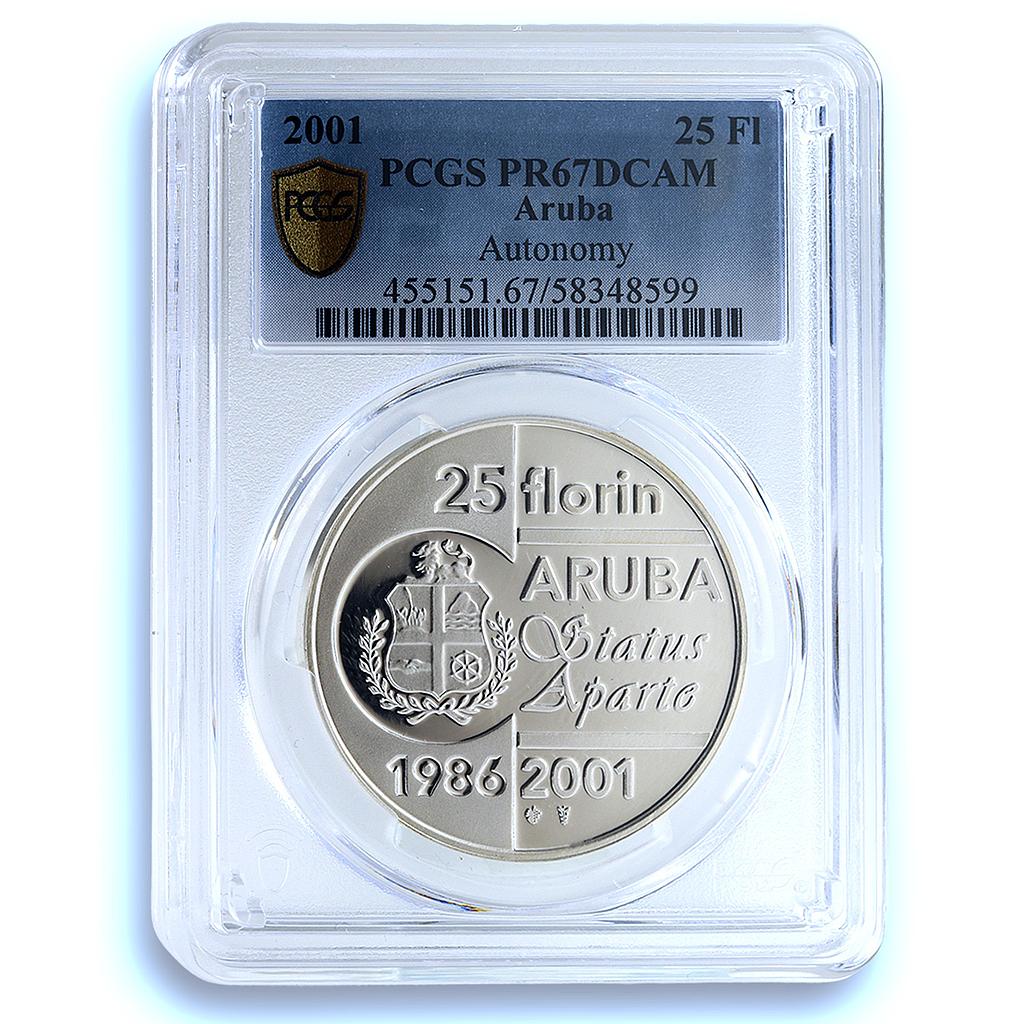 Aruba 25 florin Autonomy KM-22 Anniversary PR 67 PCGS silver coin 2001 Aruba 25 florin Autonomy KM-22 Anniversary PR 67 PCGS silver coin 2001