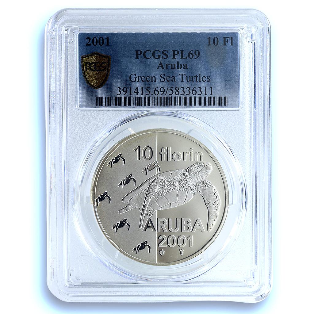 Aruba 10 florins Green Sea Turtles KM-20 Wildlife PL 69 PCGS silver coin 2001 Aruba 10 florins Green Sea Turtles KM-20 Wildlife PL 69 PCGS silver coin 2001