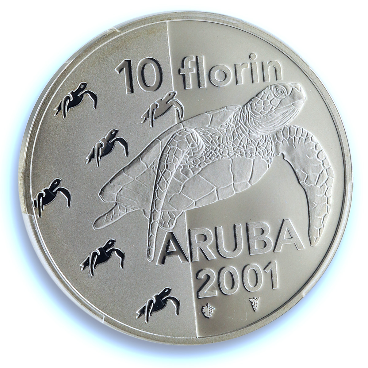 Aruba 10 florins Green Sea Turtles KM-20 Wildlife PL 69 PCGS silver coin 2001 Aruba 10 florins Green Sea Turtles KM-20 Wildlife PL 69 PCGS silver coin 2001