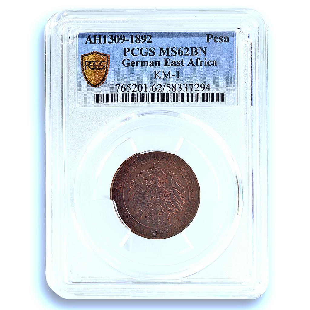 East Africa German 1 pesa Wilhelm II KM-1 J-710 MS 62 PCGS copper coin 1892 East Africa German 1 pesa Wilhelm II KM-1 J-710 MS 62 PCGS copper coin 1892