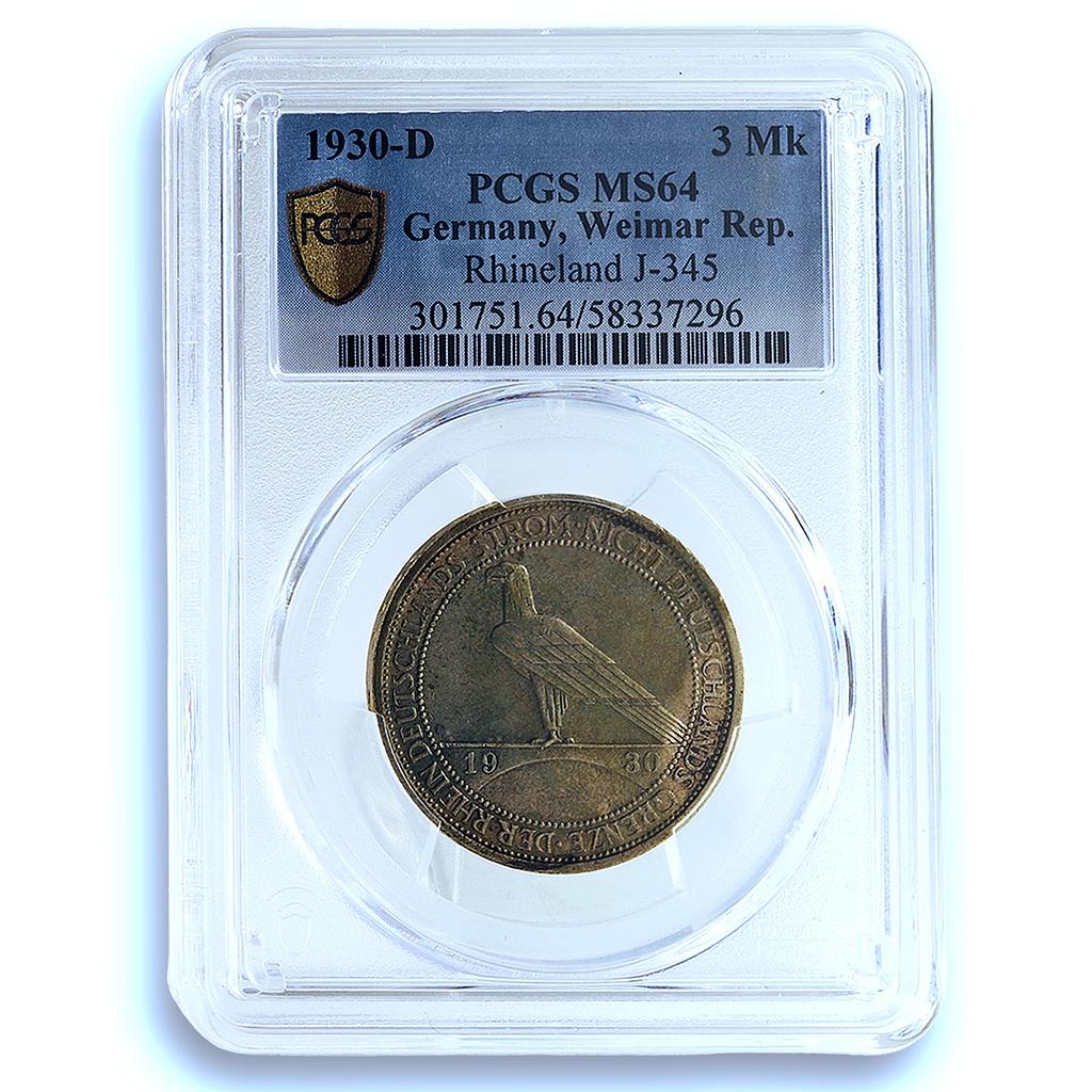 Germany Weimar 3 mark Rhineland KM-70 J-345 Eagle MS 64 PCGS silver coin 1930 D Germany Weimar 3 mark Rhineland KM-70 J-345 Eagle MS 64 PCGS silver coin 1930 D