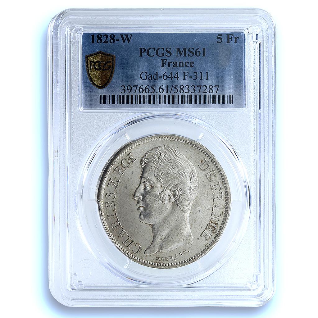 France 5 francs Charles X KM-728.13 Gad-644 MS 61 PCGS silver coin 1828 W