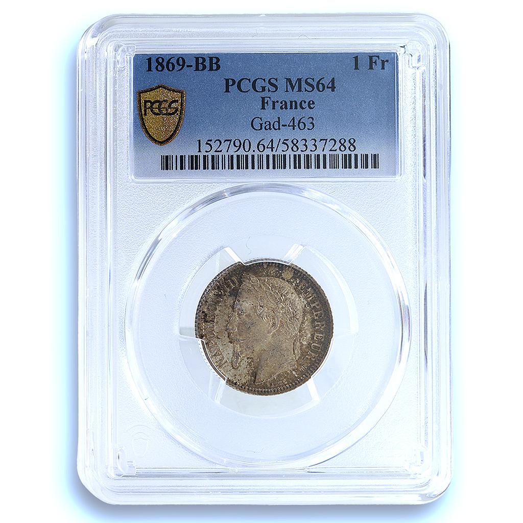 France 1 franc Napoleon III KM-806.2 Gad-463 MS 64 PCGS silver coin 1869 BB France 1 franc Napoleon III KM-806.2 Gad-463 MS 64 PCGS silver coin 1869 BB