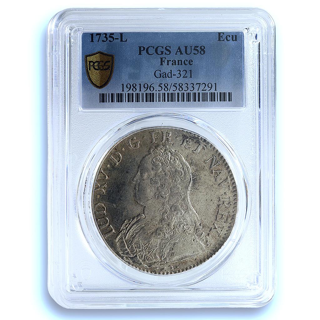 France 1 ecu Louis XV Bayonne KM-486.12 Gad-321 AU 58 PCGS silver coin 1735 L France 1 ecu Louis XV Bayonne KM-486.12 Gad-321 AU 58 PCGS silver coin 1735 L