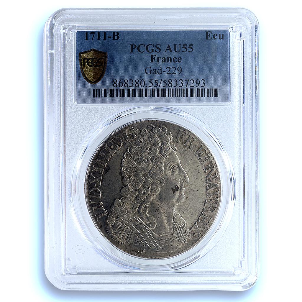 France 1 ecu Louis XIV Rouen Mint Gad-229 AU PCGS silver coin 1711 B France 1 ecu Louis XIV Rouen Mint Gad-229 AU PCGS silver coin 1711 B