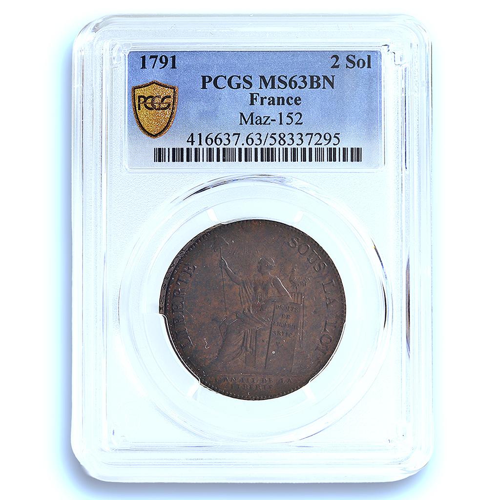 France 2 sols Monneron Freres KM-Tn23 Maz-152 MS 63 PCGS bronze coin 1791