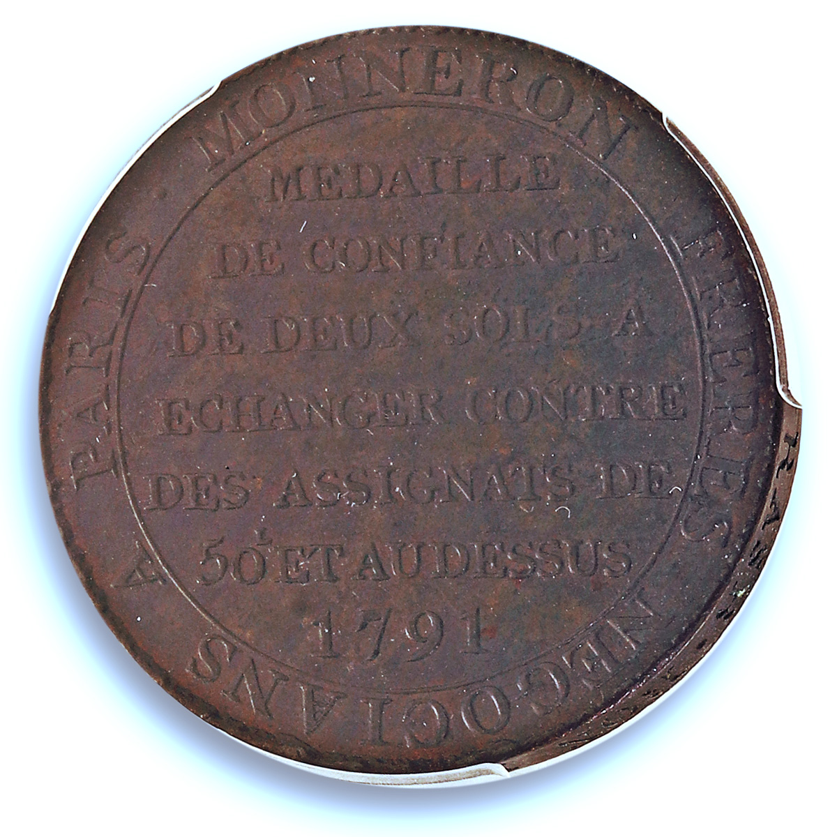 France 2 sols Monneron Freres KM-Tn23 Maz-152 MS 63 PCGS bronze coin 1791