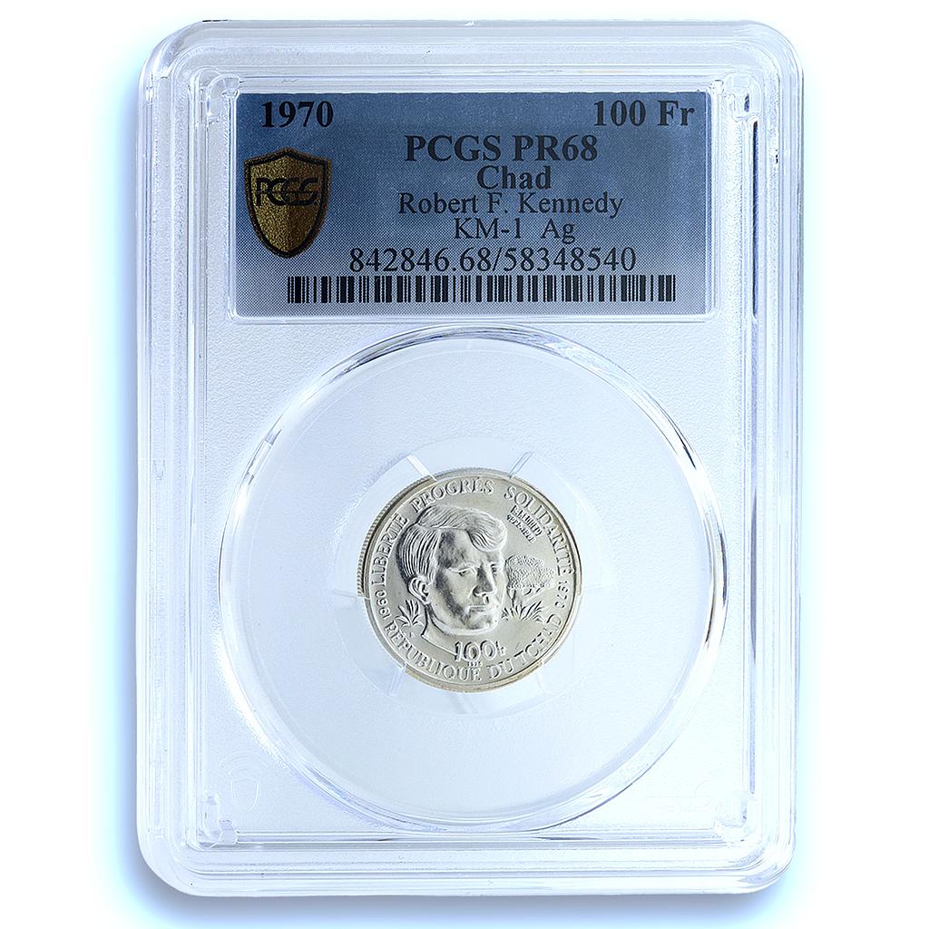 Chad 100 francs Independence KM-1 Robert Kennedy PR 68 PCGS silver coin 1970 Chad 100 francs Independence KM-1 Robert Kennedy PR 68 PCGS silver coin 1970
