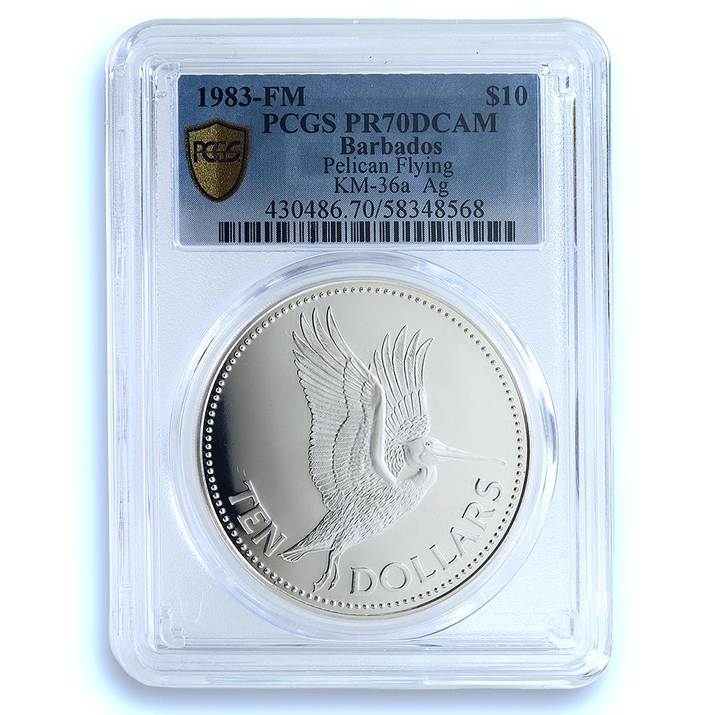 Barbados 10 dollars Elizabeth II KM-36a Pelican Bird PR 70 PCGS silver coin 1983