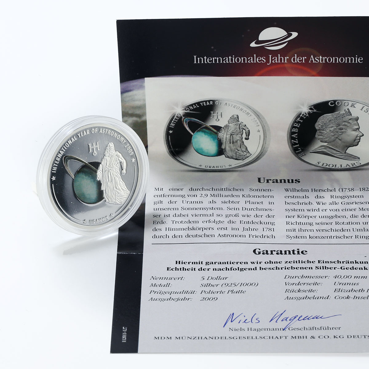 Cook Islands 5 dollars Astronomy Uranus colored proof silver coin 2009