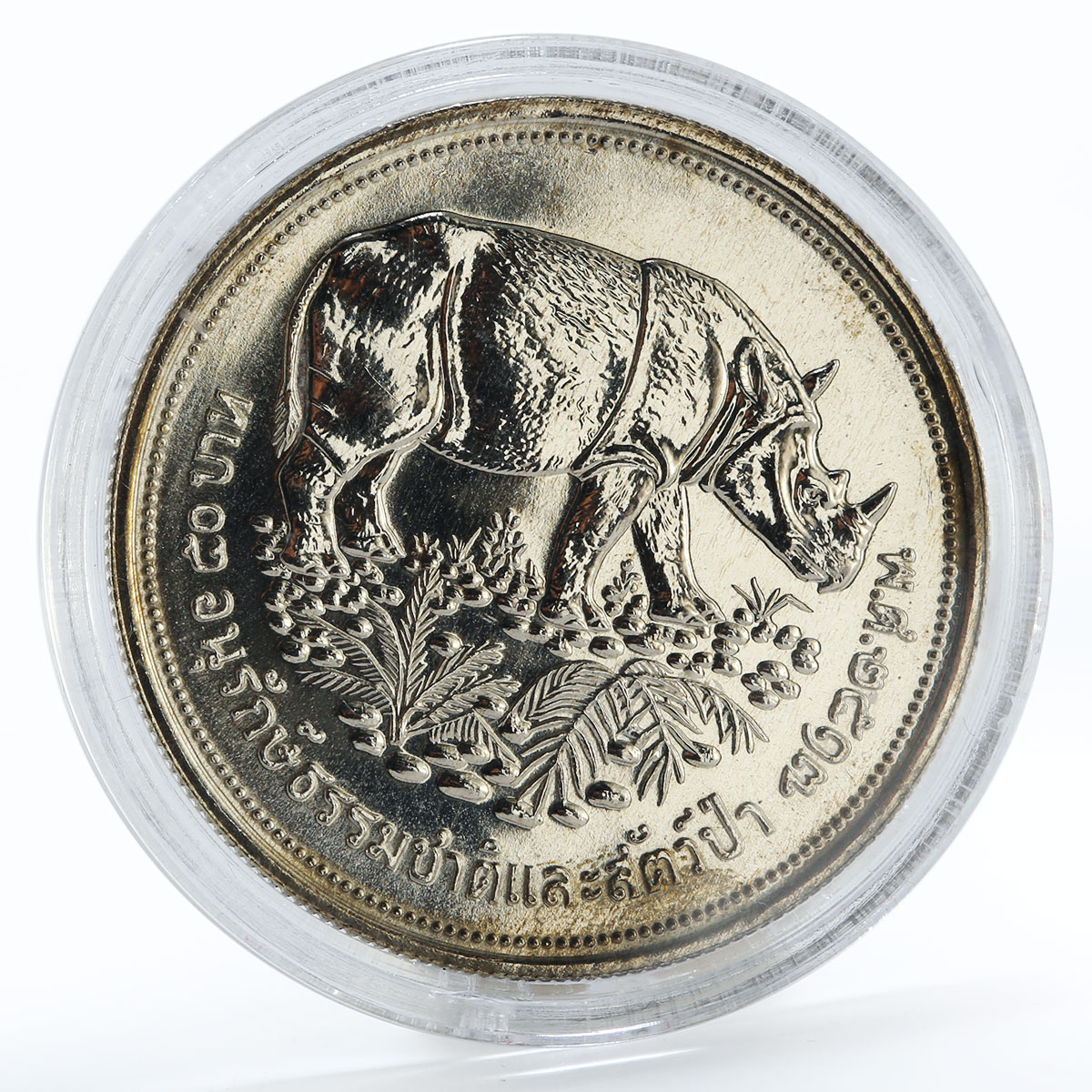 Thailand 50 baht Wildlife Conservation rhinoceros silver coin 1974