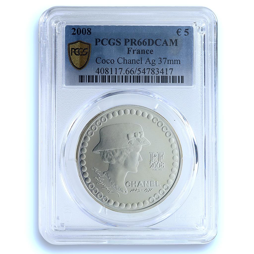 France 5 euros Coco Chanel KM-1566 Culture Art PR 66 PCGS 37 mm silver coin 2008 France 5 euros Coco Chanel KM-1566 Culture Art PR 66 PCGS 37 mm silver coin 2008