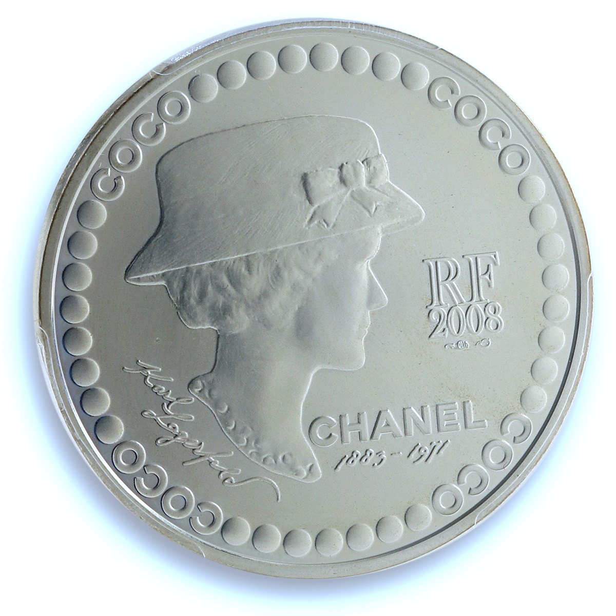 France 5 euros Coco Chanel KM-1566 Culture Art PR 66 PCGS 37 mm silver coin 2008 France 5 euros Coco Chanel KM-1566 Culture Art PR 66 PCGS 37 mm silver coin 2008