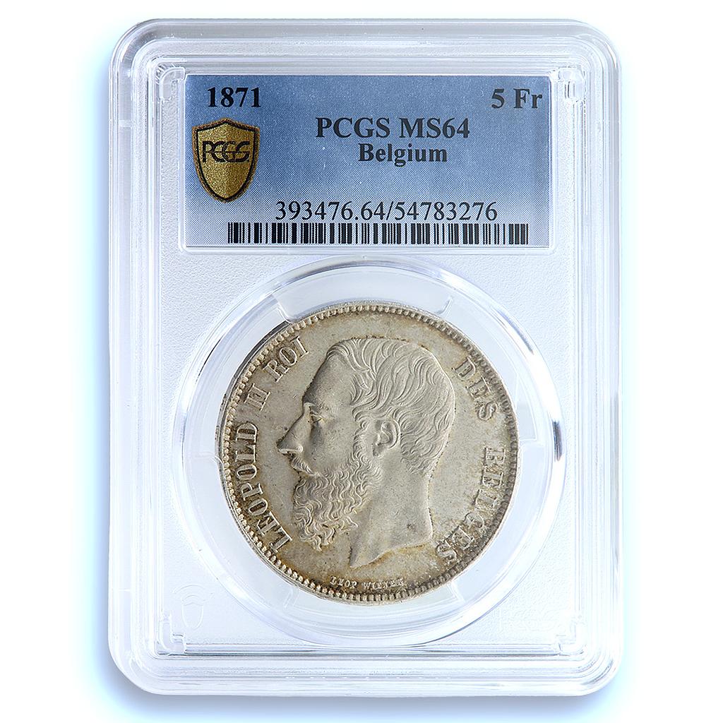 Belgium 5 francs Leopold II KM-24 Mor-158 MS 64 PCGS silver coin 1871