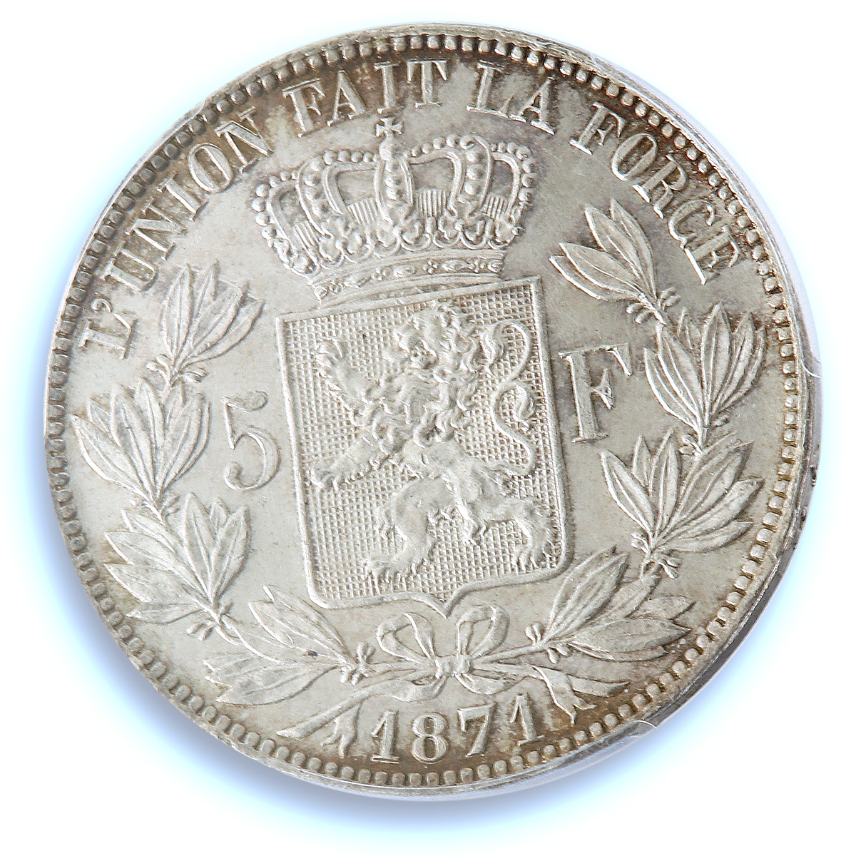 Belgium 5 francs Leopold II KM-24 Mor-158 MS 64 PCGS silver coin 1871