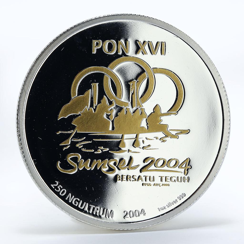 Bhutan 250 ngultrum Games logo Palembang proof silver coin 2004