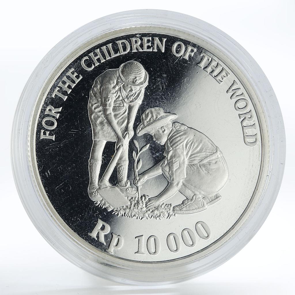 Indonesia 10000 rupiah UNICEF Scouts Girls Tree Planting proof silver coin 1999