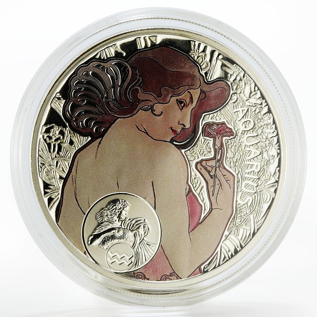 Niue 1 dollar A. Mucha Zodiac Series Aquarius colored silver coin 2010