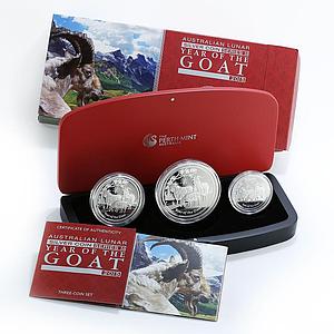 Australia set of 3 coins Year of the Goat Lunar series II silver proof 2015