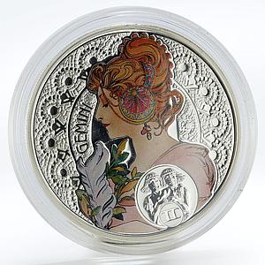 Niue 1 dollar Alphonse Mucha Zodiac series Gemini colored silver coin 2011