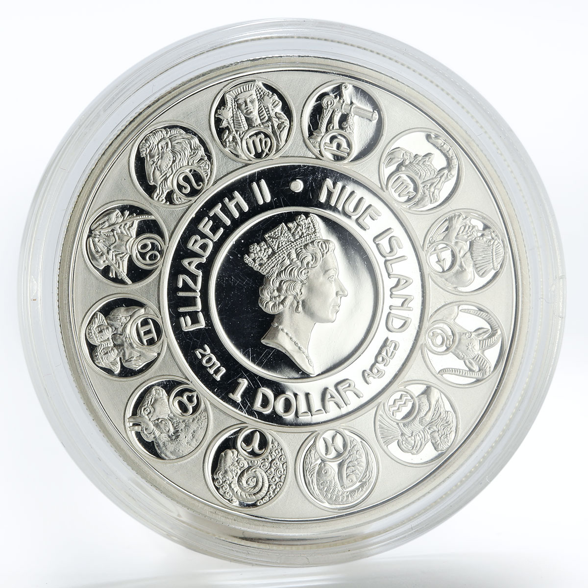 Niue 1 dollar A. Mucha Zodiac Series Gemoni colored silver coin 2011