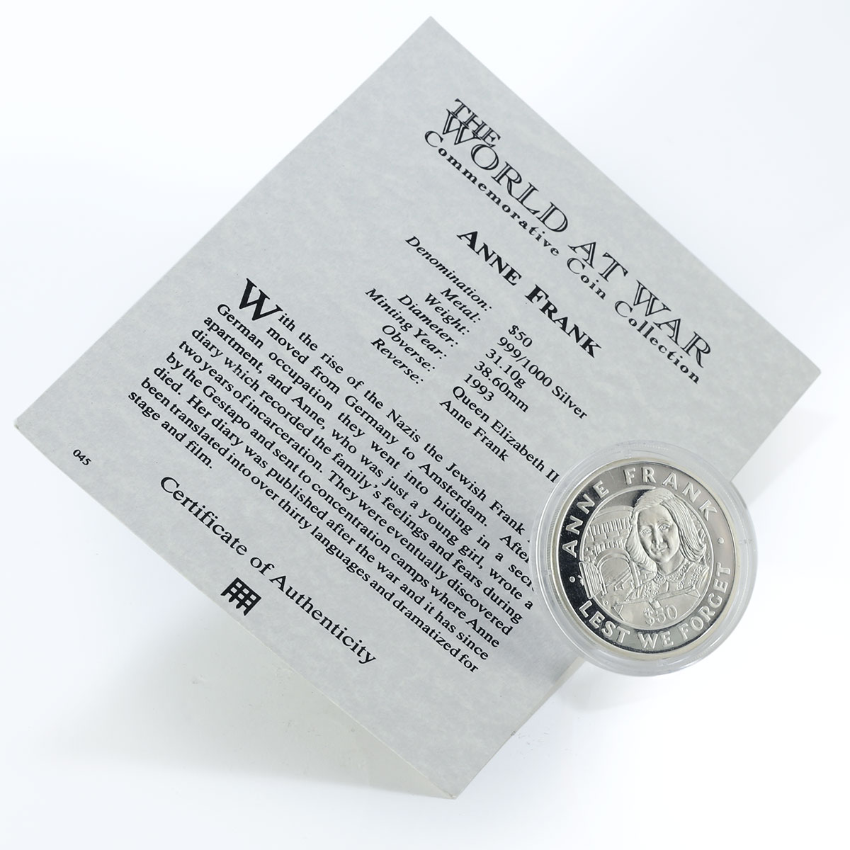 Tokelau 50 dollars Anne Frank World War Silver Coin 1993