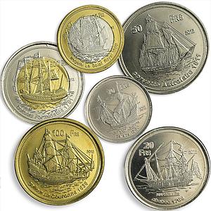 Bassas da India set of 6 coins Sailboats Frigate Corvette Galleon Caracca 2012