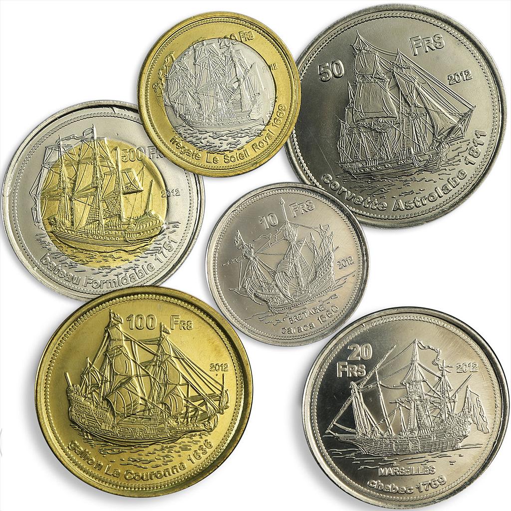 Bassas da India set of 6 coins Sailboats Frigate Corvette Galleon Caracca 2012