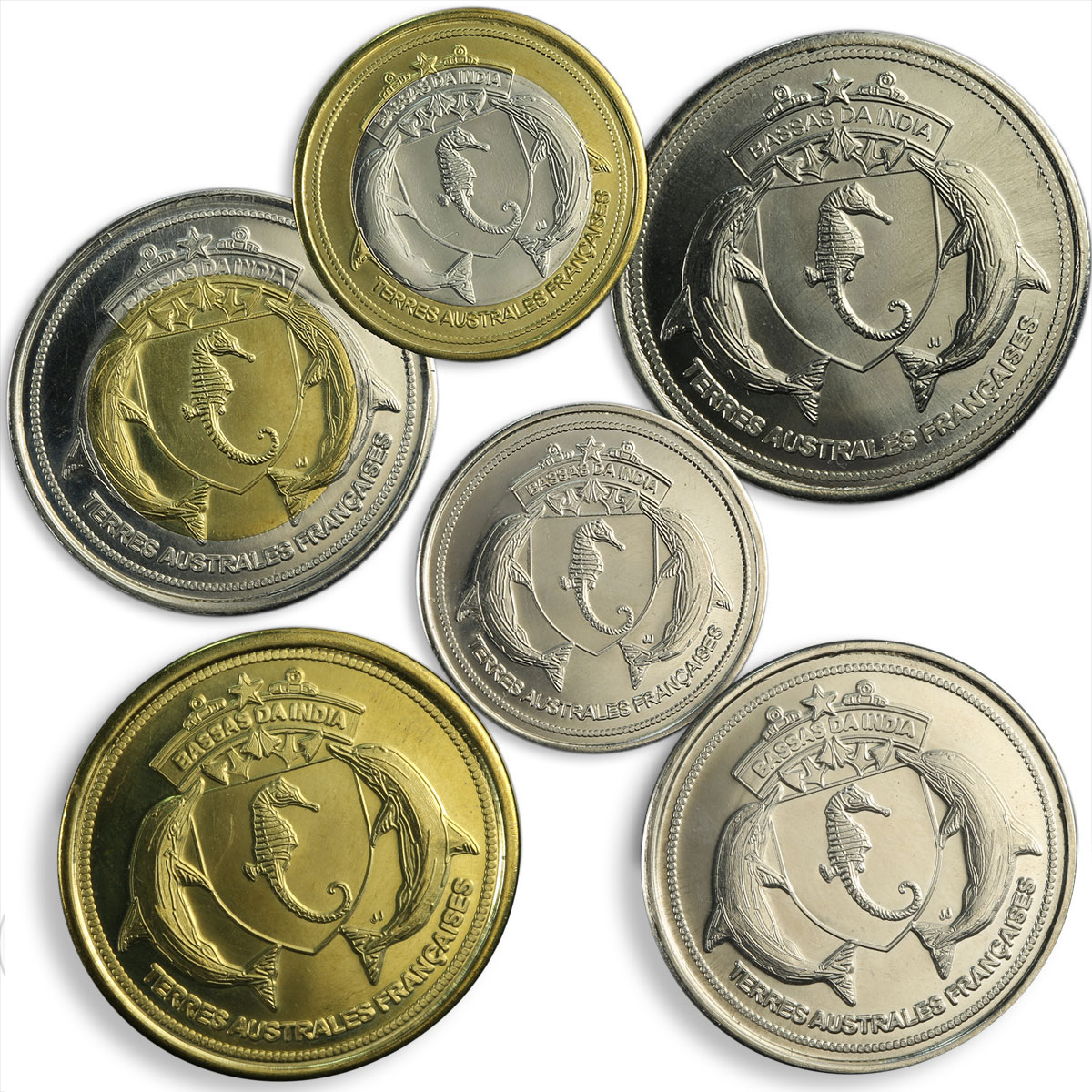 Bassas da India, set of 6 coins,Sailboats Frigate Corvette Galleon Caracca 2012