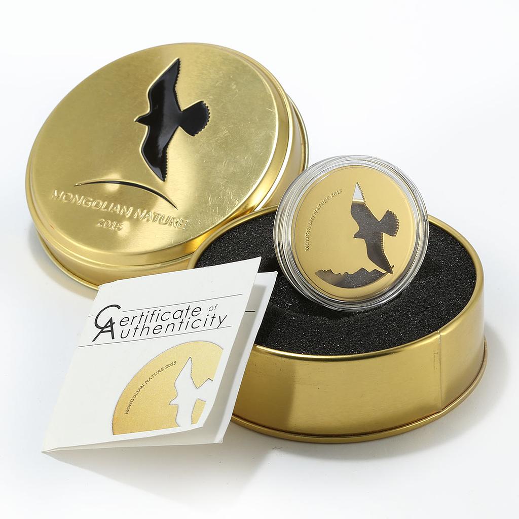 Mongolia 500 togrog Falcon bird gilded silver coin 2015