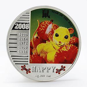 Niue 1 dollar Year of the Rat colored proof silver coin 2008