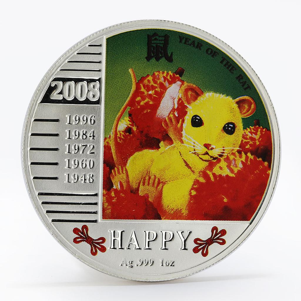Niue 1 dollar Year of Rat Lunar Calendar Happy colored proof silver coin 2008