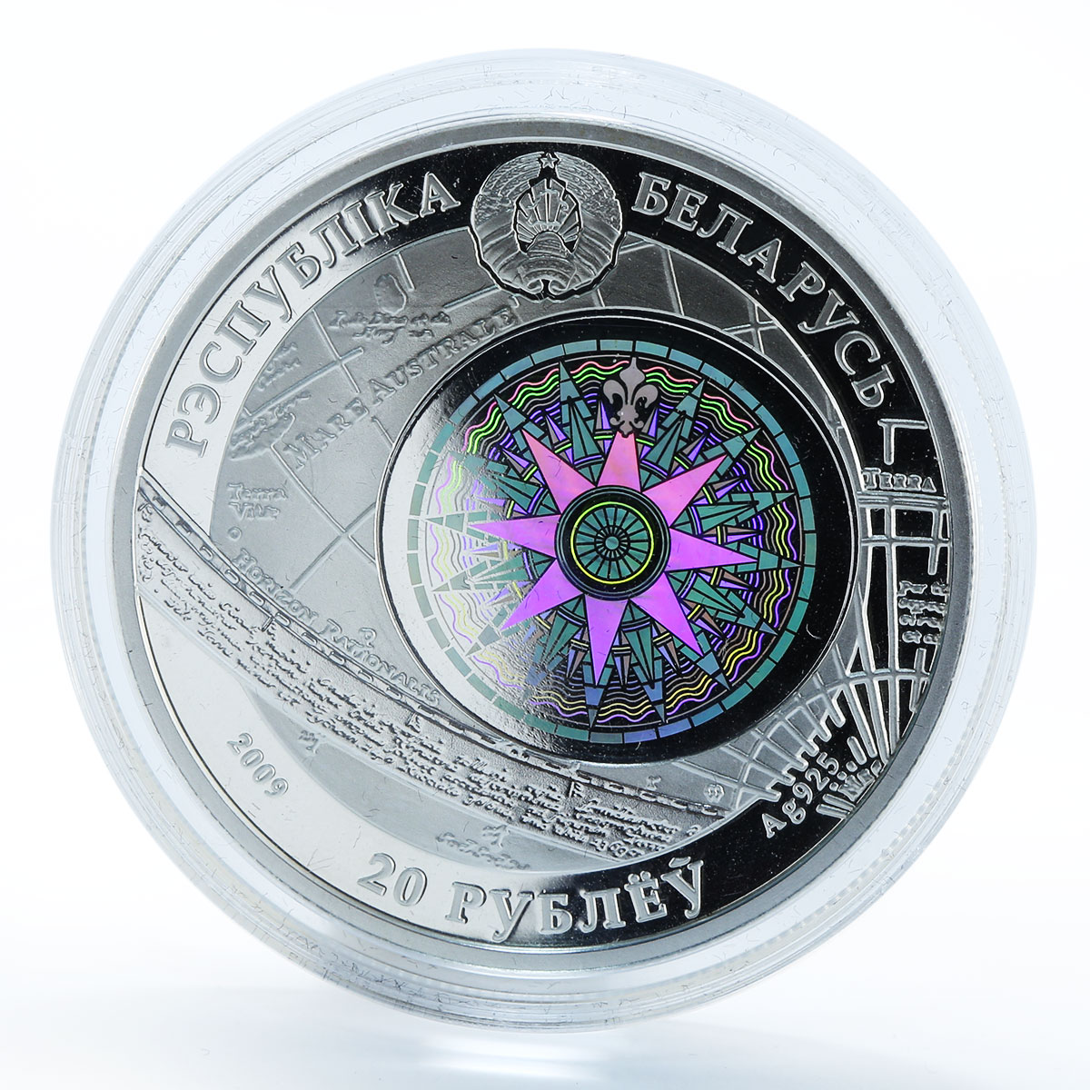 Belarus 20 rubles Dar Pomorza Sailing Ship hologram silver coin 2009