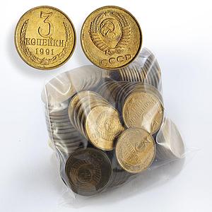 USSR lot of 100 coins 3 kopeks UNC random year Soviet Union Russia