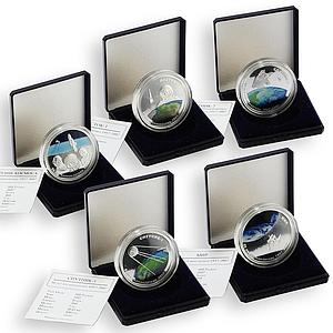Mongolia set of 5 coins 50th Soviet Space Exploration colored proof silver 2007