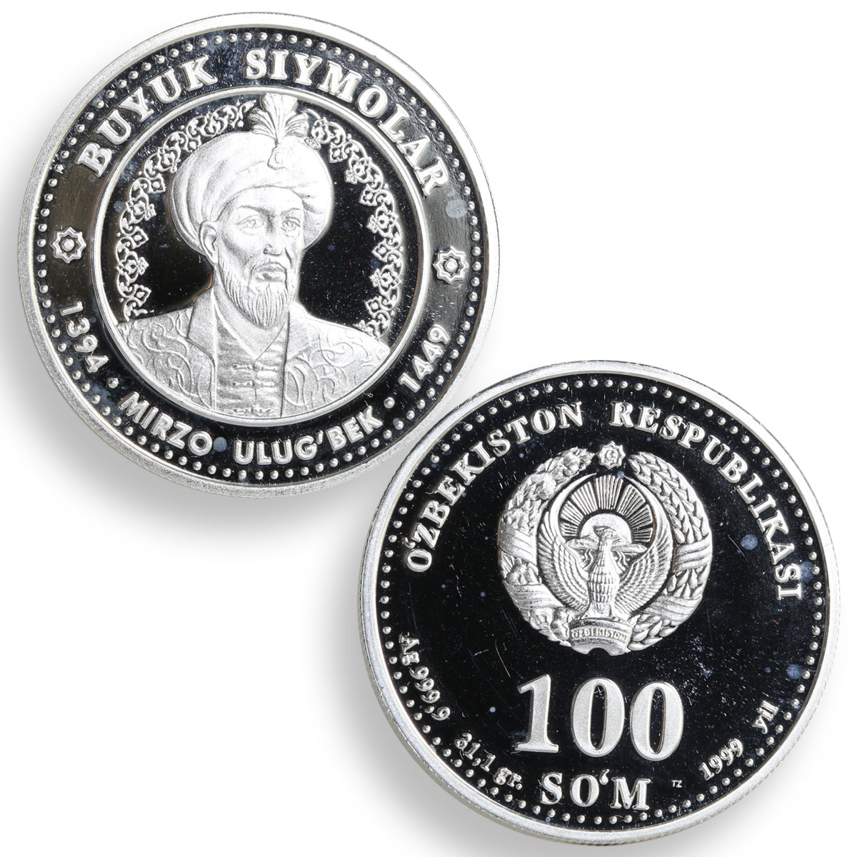 Uzbekistan set 4 coins Great Ancestors science proof silver 1999