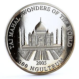 Bhutan 500 ngultrum Wonders of World Taj Mahal silver coin 2005