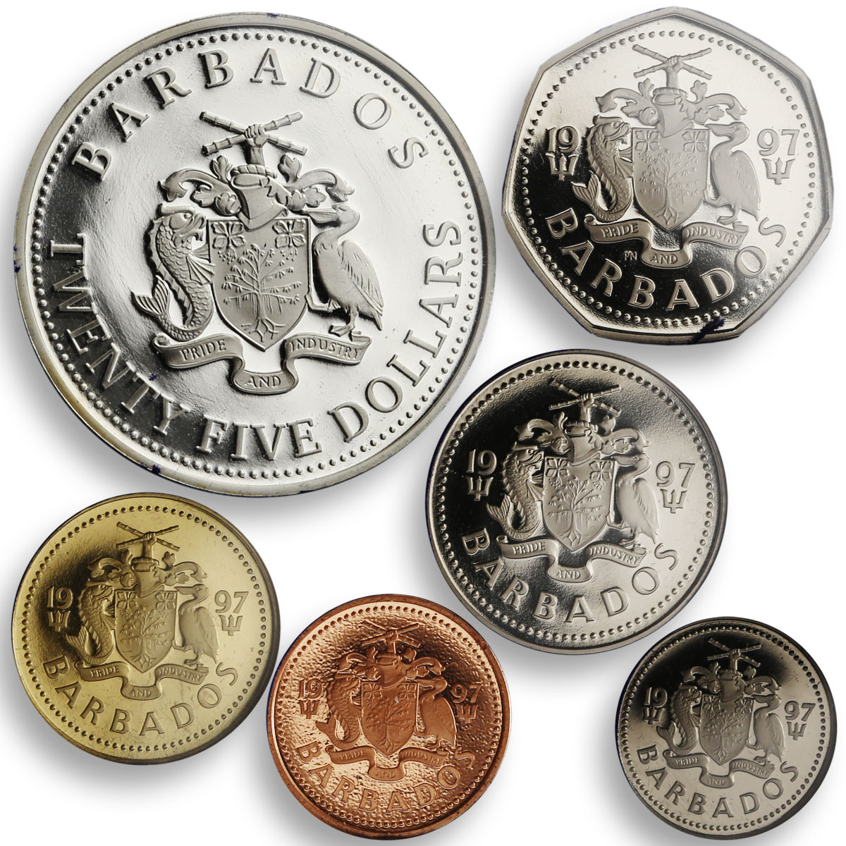 Barbados set 6 coins 25th Anniversary of Central Bank sea bimetal 1997