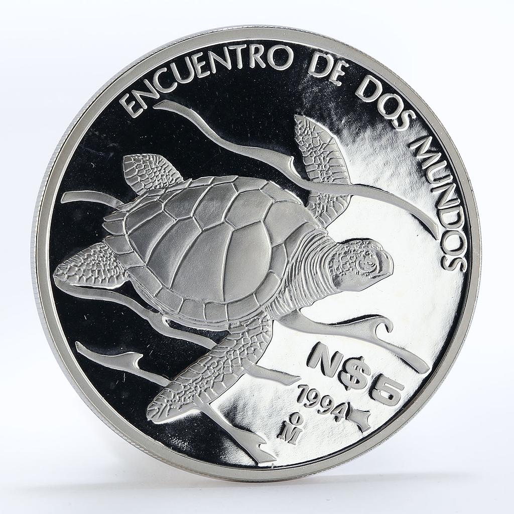 Mexico 5 pesos Pacific Ridley Sea Turtle proof silver coin 1994